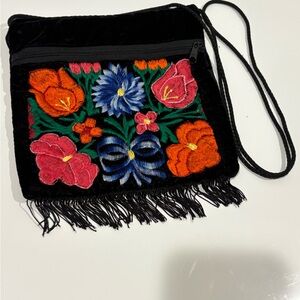 Tassel Zip Embroidered Flower Design Purse Velvet